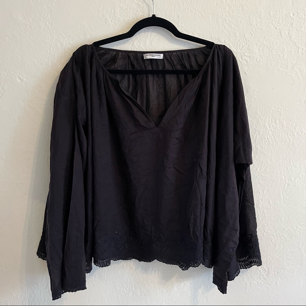 Mes Demoiselles cotton voile embroidered tunic top black one size